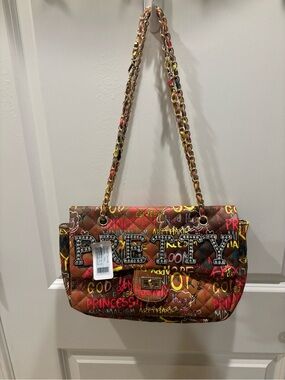 Source Unknown Brown Quilted Graffiti Shoulder Bag with Gold Chain